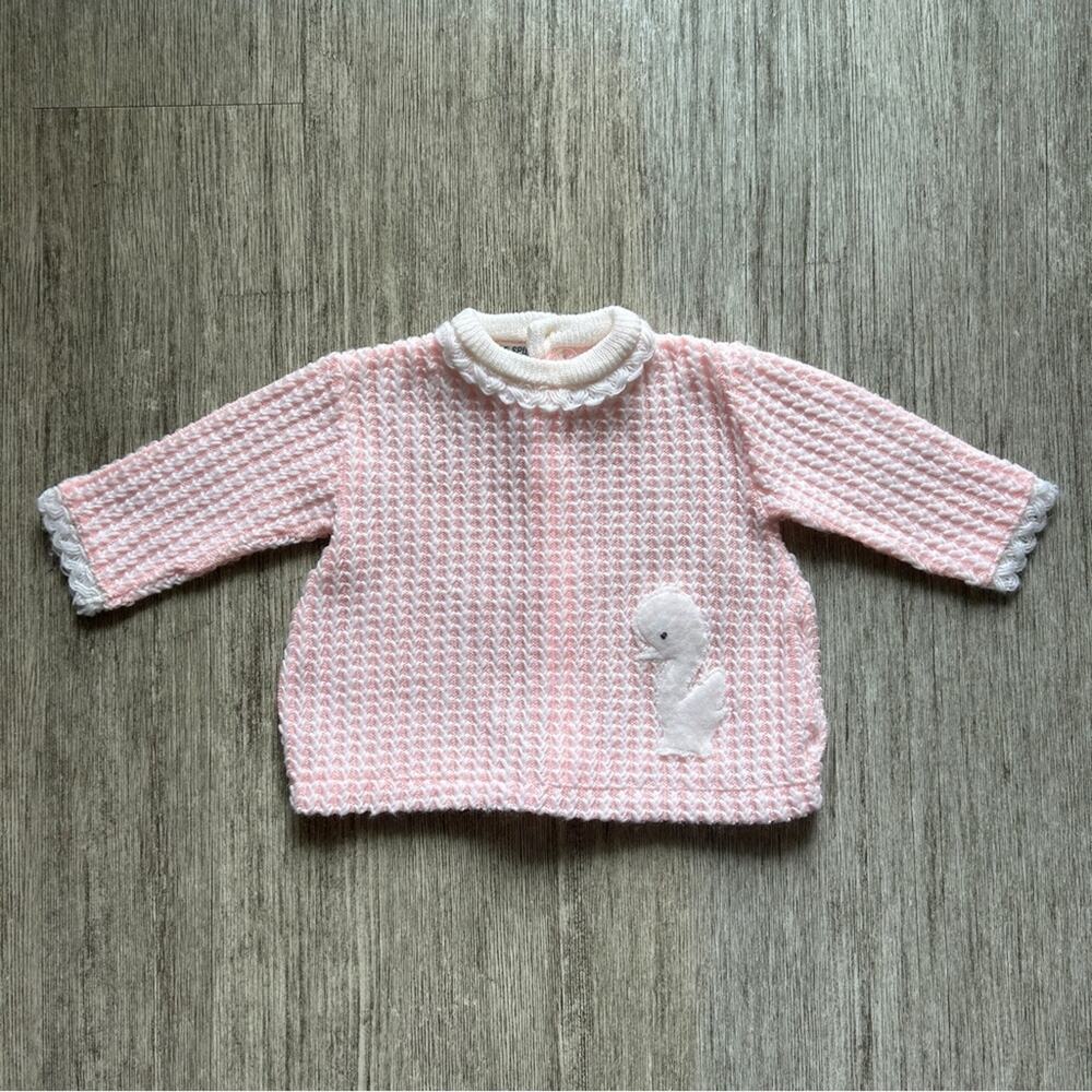 Love Spun Vintage Pastel Pink/White Duck/Swan Patch Knit Baby Sweater Sz Medium